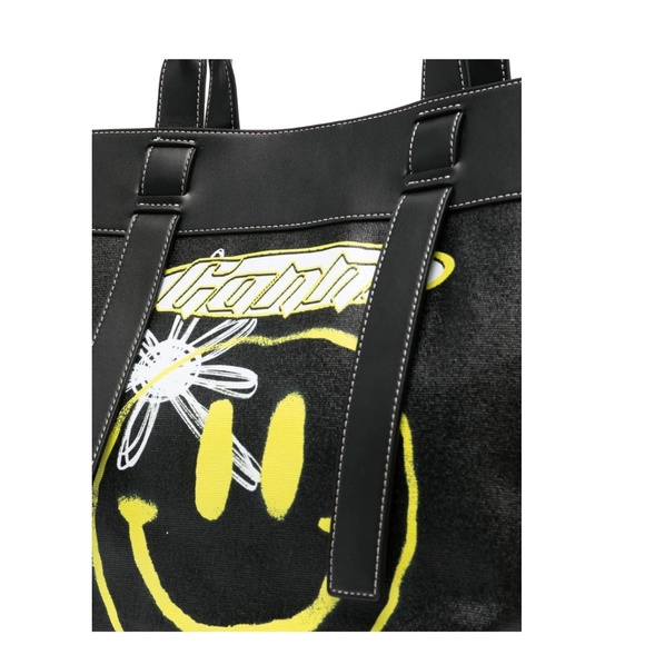 Ganni Smiley Face Print Canvas Tote Bag in Black - Picture 4 of 6